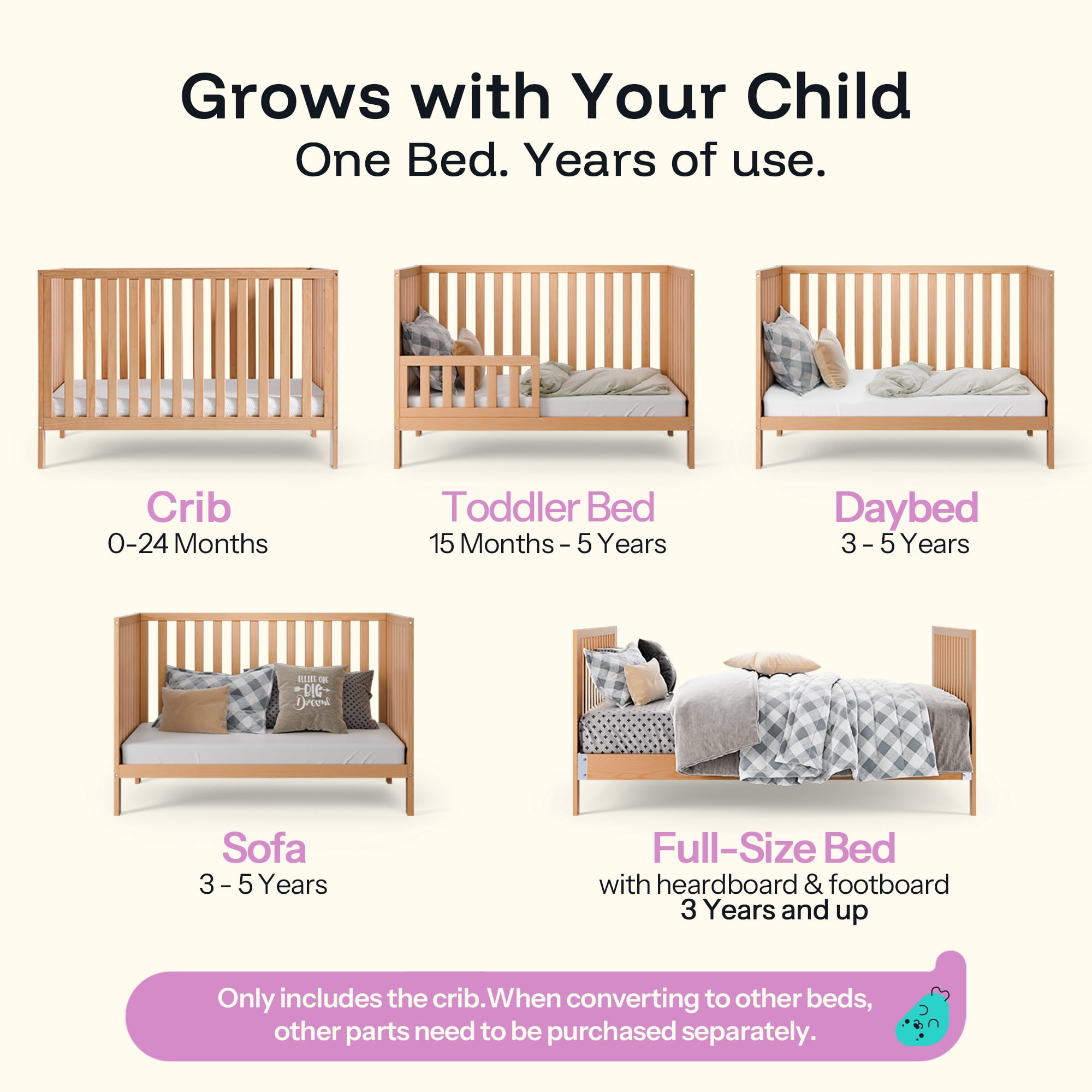 HARPPA 5-in-1 Convertible Baby Crib for Infant to Toddler,Baby Bed,Natural,Greenguard Gold Certified