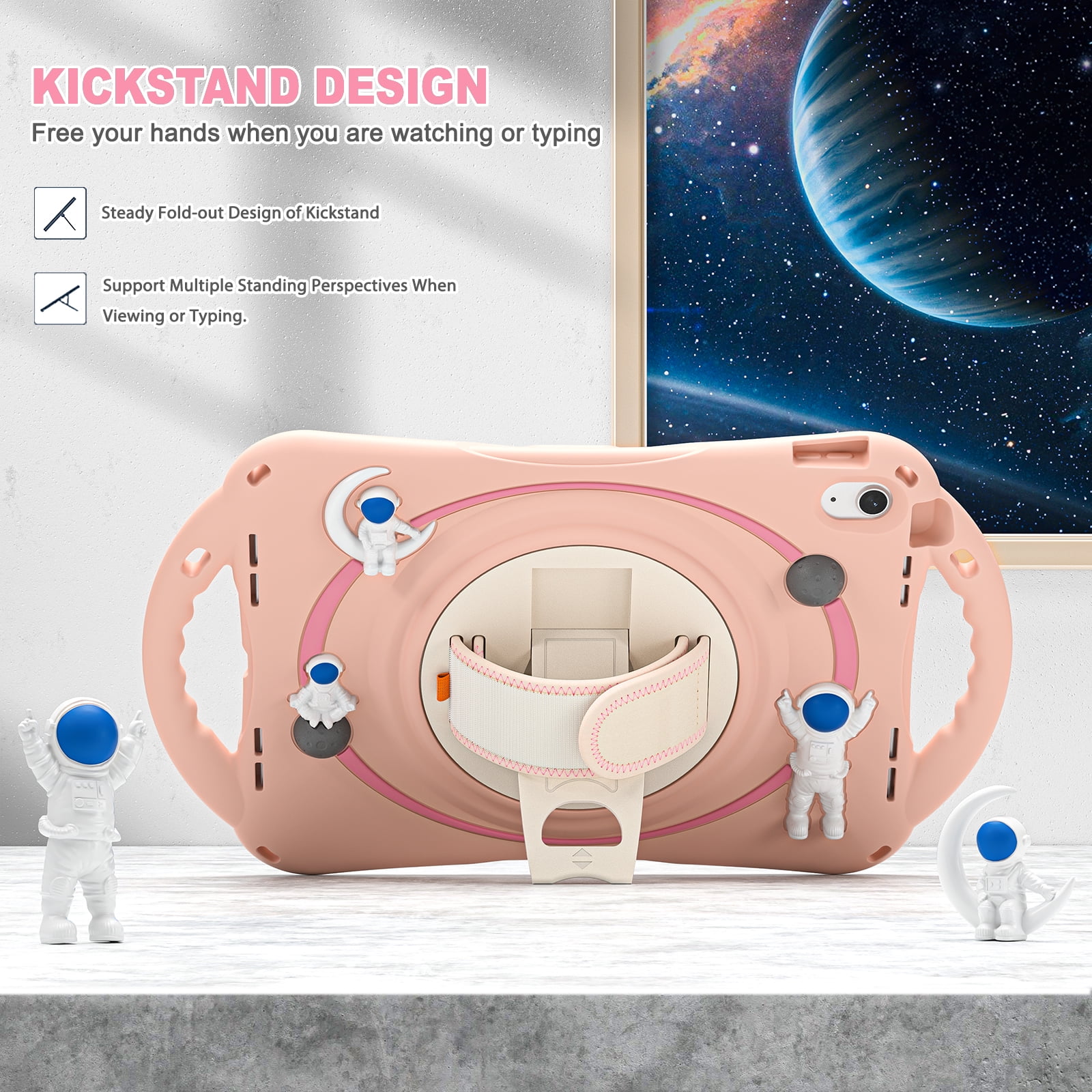 ELEHOLD for iPad 6th/5th Generation 9.7 inch Kids Case, Heavy Duty Pencil Cap Holder Kickstand 360° Rotating Hand Strap Carrying Shoulder Strap Shockproof Child-Proof Rugged Case, Pink