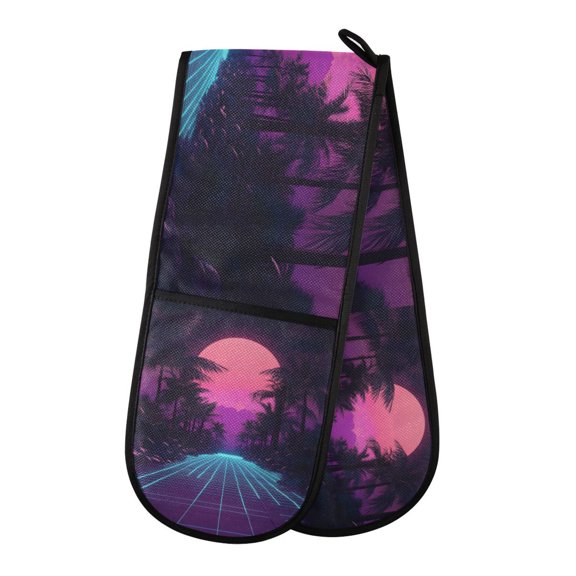Yayeee Double Oven Mitt Kitchen Heat Resistant Baking 35" x7" Quilted Glove, Night Neon Road