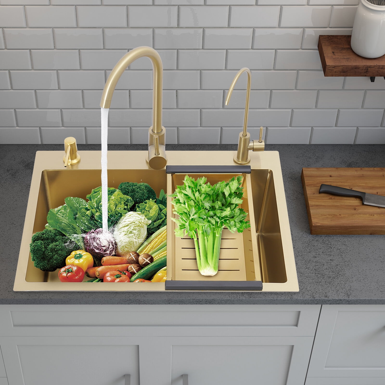 Gold Sink Set, 60x45cm Utility Sink with Faucet Soap Dispenser Drain Basket, Stainless Steel Laundry Tub, Large Capacity Kitchen Sink