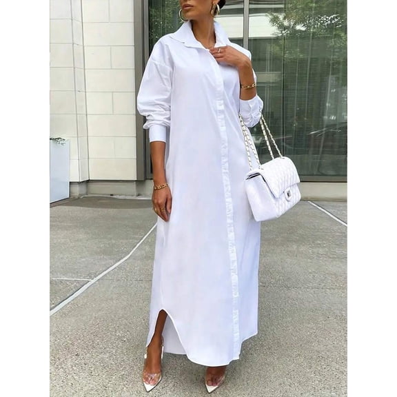 White Womens Oversized Shirt Dress With Collar, Long Sleeve, Side Slit, Street Style Casual Maxi Dress