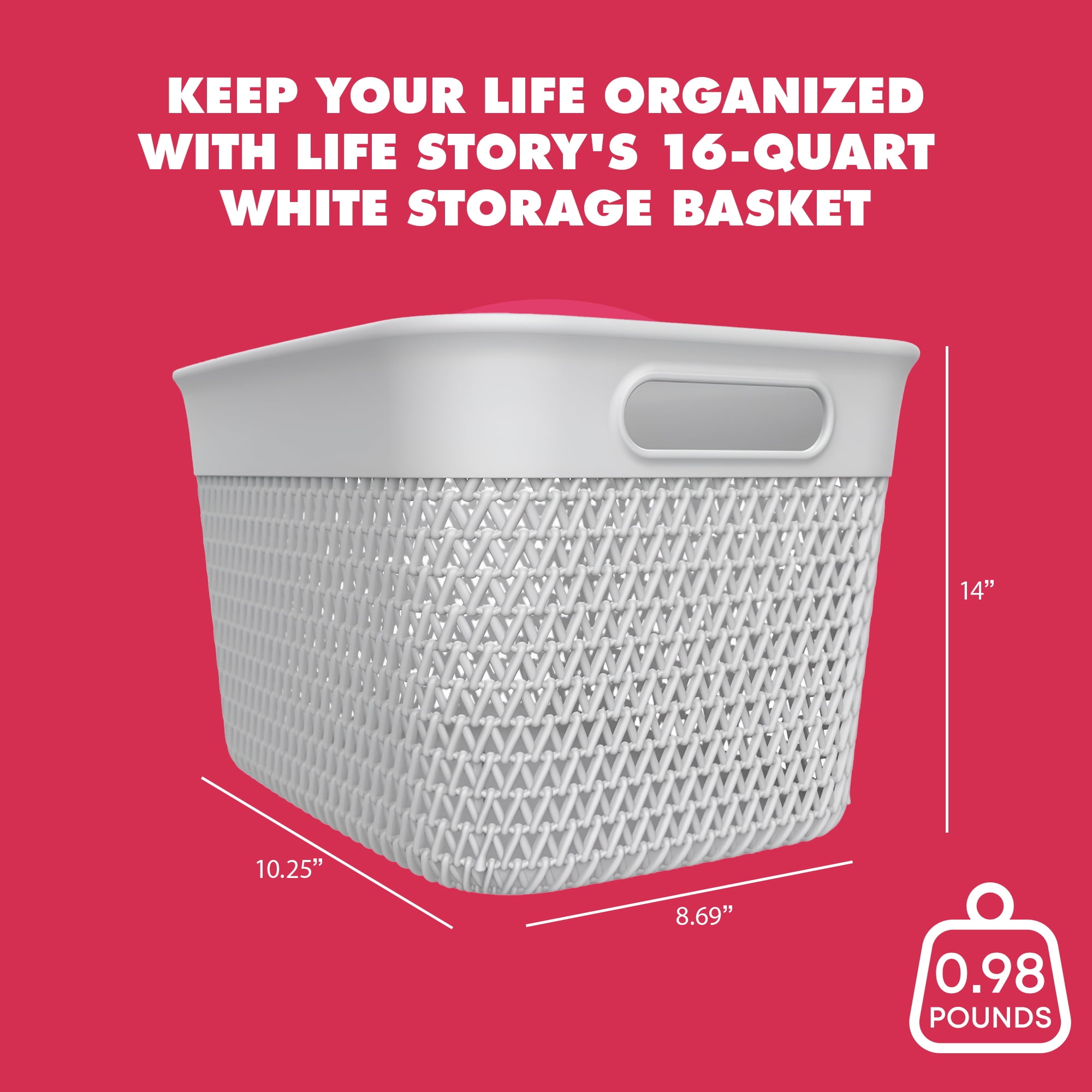Life Story 16 Quart Decorative Storage Basket, Large Plastic Home Organizer, White