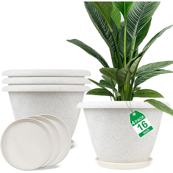 DEA Plastic Flower Pots Planters for Indoor Plants,4 Pack 16 Inch White Plant Pots with Drainage Hole&Tray,Modern Decorative Large Plant Pot with Saucer for Indoor Outdoor Plants Garden House Planter