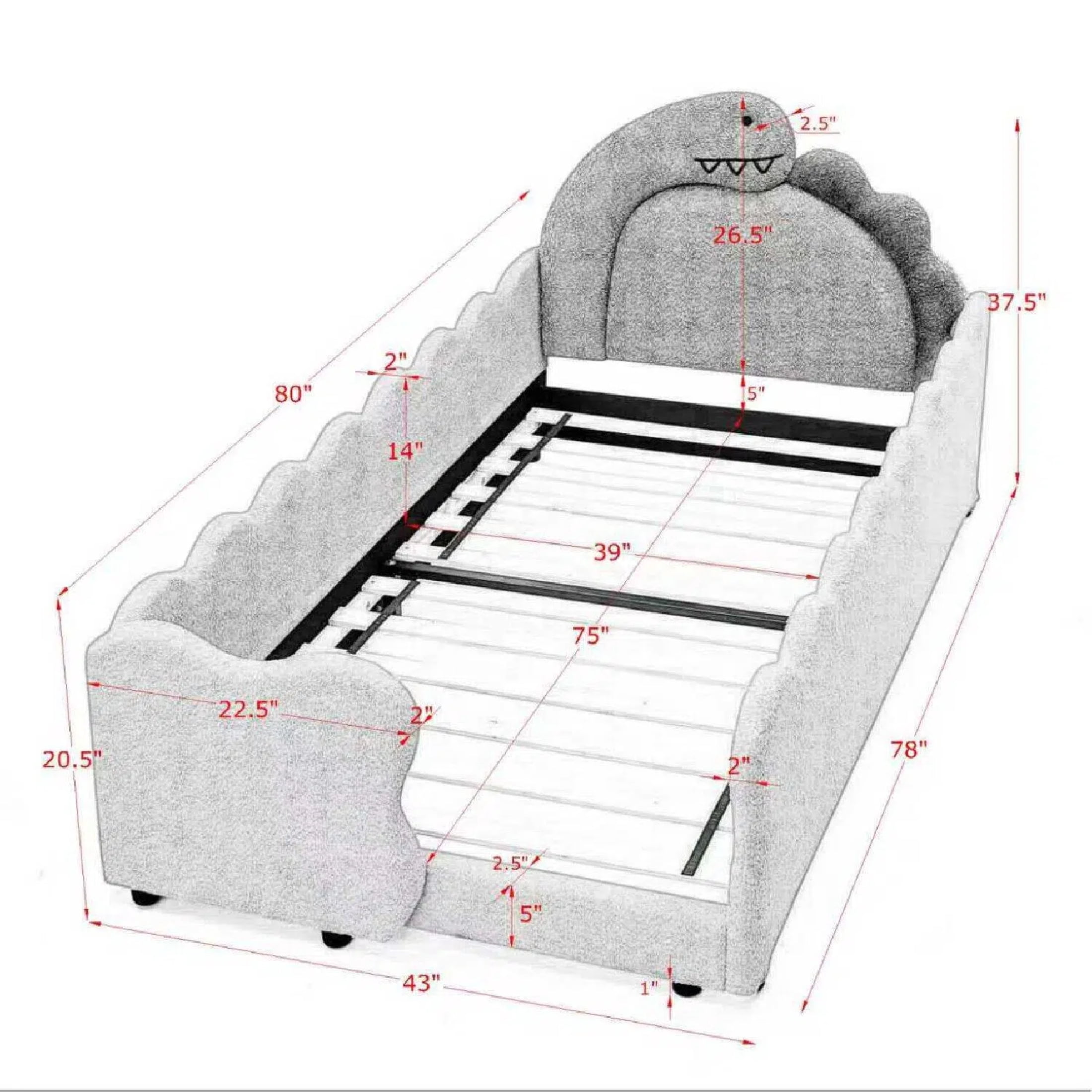 AISWORD Twin Size Kids Bed with Dinosaur Headboard, Upholstered Daybed with Slats Support & Side Pocket, Space-Saving Wooden Corner Sofa Bed, Grey