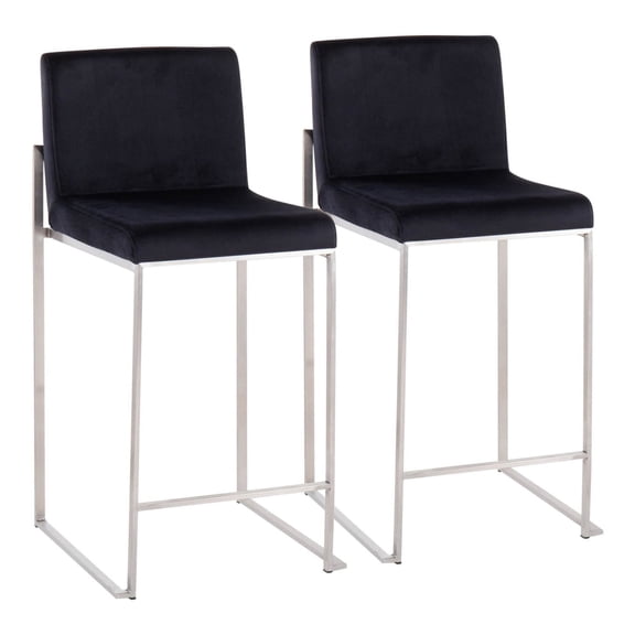 Fuji Contemporary High Back Counter Stool In Stainless Steel And Black Velvet - Set Of 2
