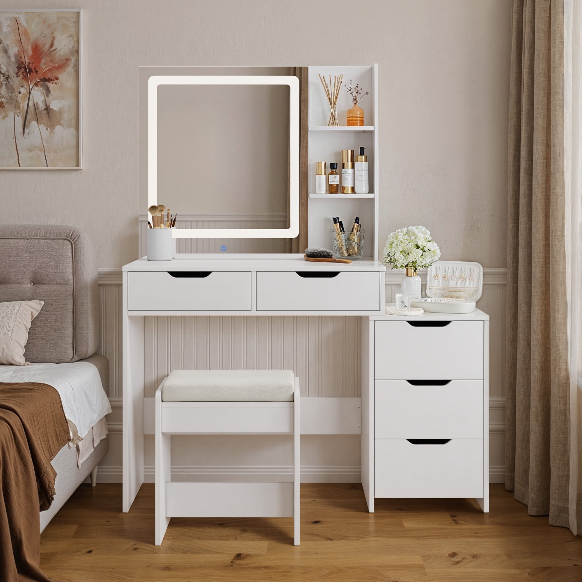 Aiho Makeup Dressing Table with Lighted Mirror - 3 Adjustable Color Modes, 5 Drawers & Storage Shelves, Vanity Set for Bedroom - White