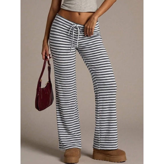Women's Striped Wide Leg Pants, Low Waist Drawstring Loose Fit Trousers for Everyday & Casual Wear