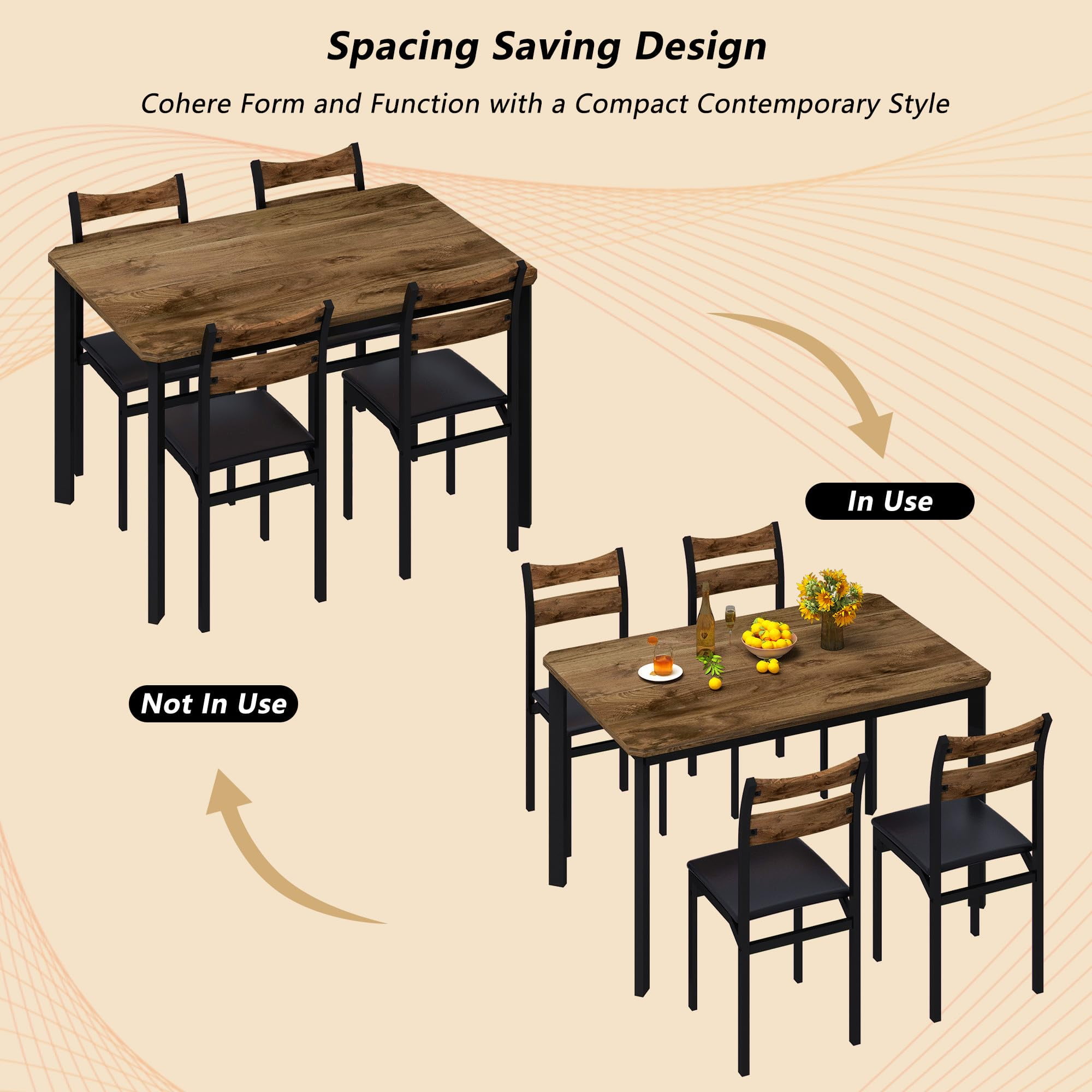Lamerge Dining Table Set for 4, 43.3" Dining Room Table with 4 Upholstered PU Leather Chairs, Modern Wood Kitchen Table and Chairs Set, 5-Piece Dinette Set for Breakfast Nook, Small Places, Brown