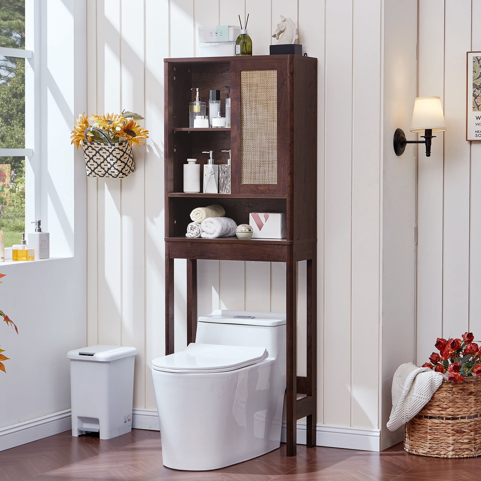 LELELINKY Over The Toilet Storage Cabinet with Rattan Sliding Door, 68" Tall Wood Bathroom Organizer with Adjustable Shelf for Small Spaces, Walnut