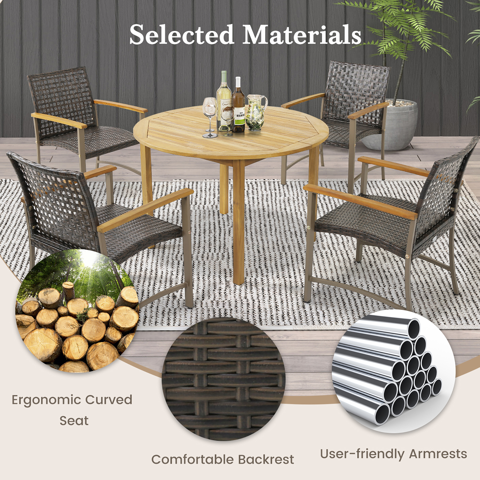 Gymax Outdoor Rattan Chair Set of 4 Patio PE Wicker Dining Chairs w/ Acacia Wood Armrests Balcony Poolside