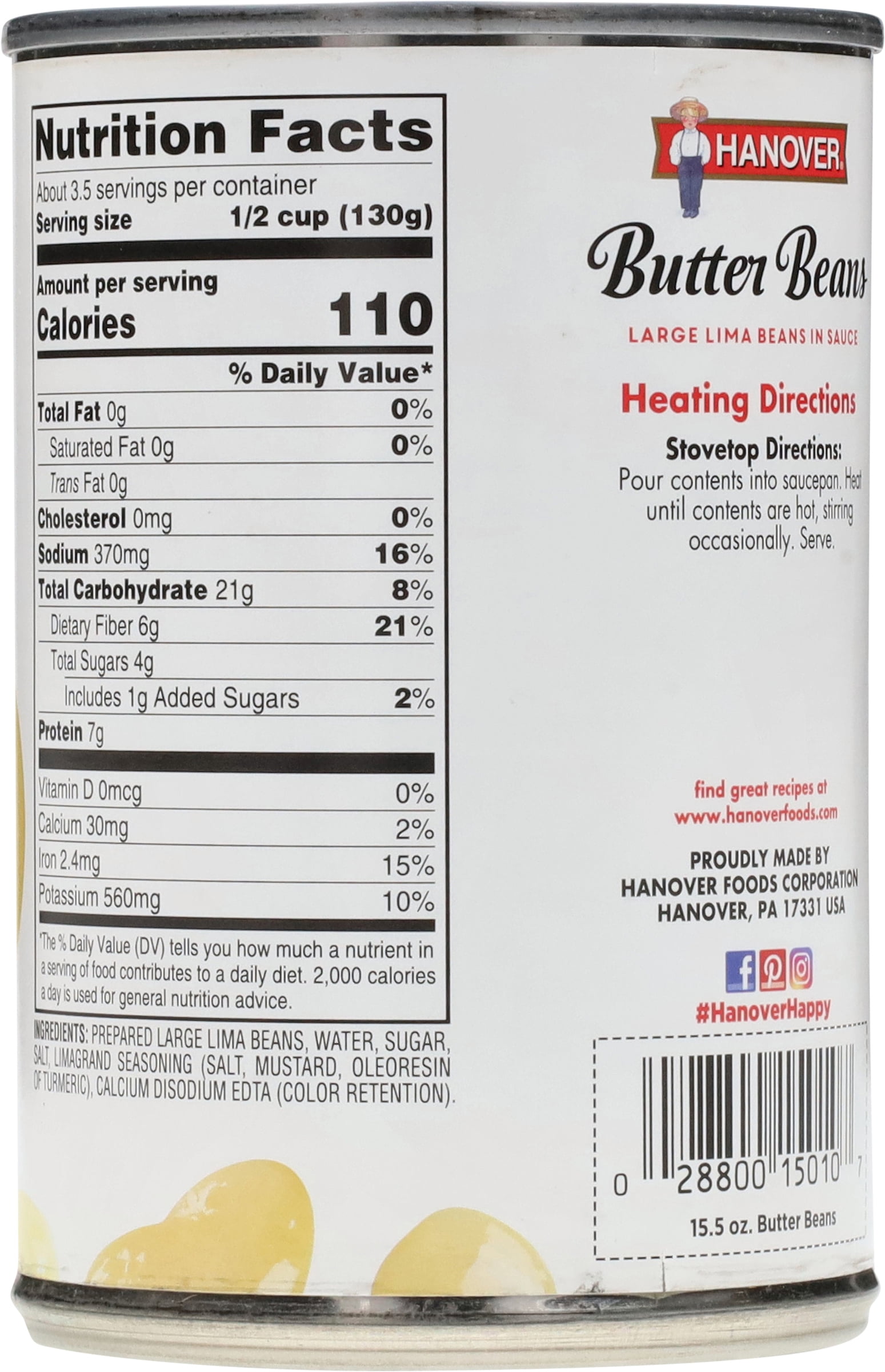 (8 pack) Hanover Butter Beans Large Lima Beans in Sauce, 15.5 oz Can – Rich-in-Fiber Southern-Style Side