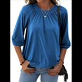 thumbnail image 1 of Camiseta de Cuello Redondo para Mujer, Blusa de Algodón de Media , Mangas 3/4, Informal, Holgada, Plisada, Básica. Azul L, 1 of 7