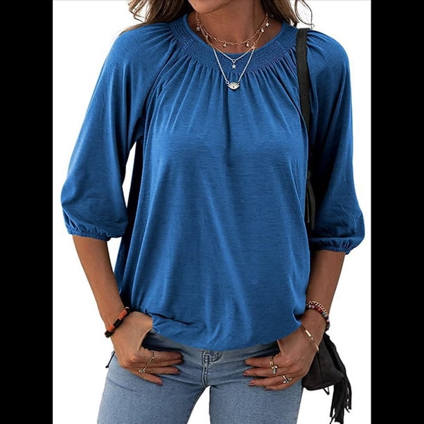 Camiseta de Cuello Redondo para Mujer, Blusa de Algodón de Media , Mangas 3/4, Informal, Holgada, Plisada, Básica. Azul S