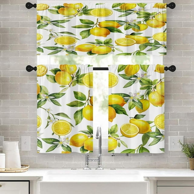 Lemon Fruits Kitchen Curtains Flower Leaves Window Curtains Valance and Tier Set 36 Inch, Summer Tropical Short Tier Curtain for Kitchen, Fruit Background Small Kitchen Decor