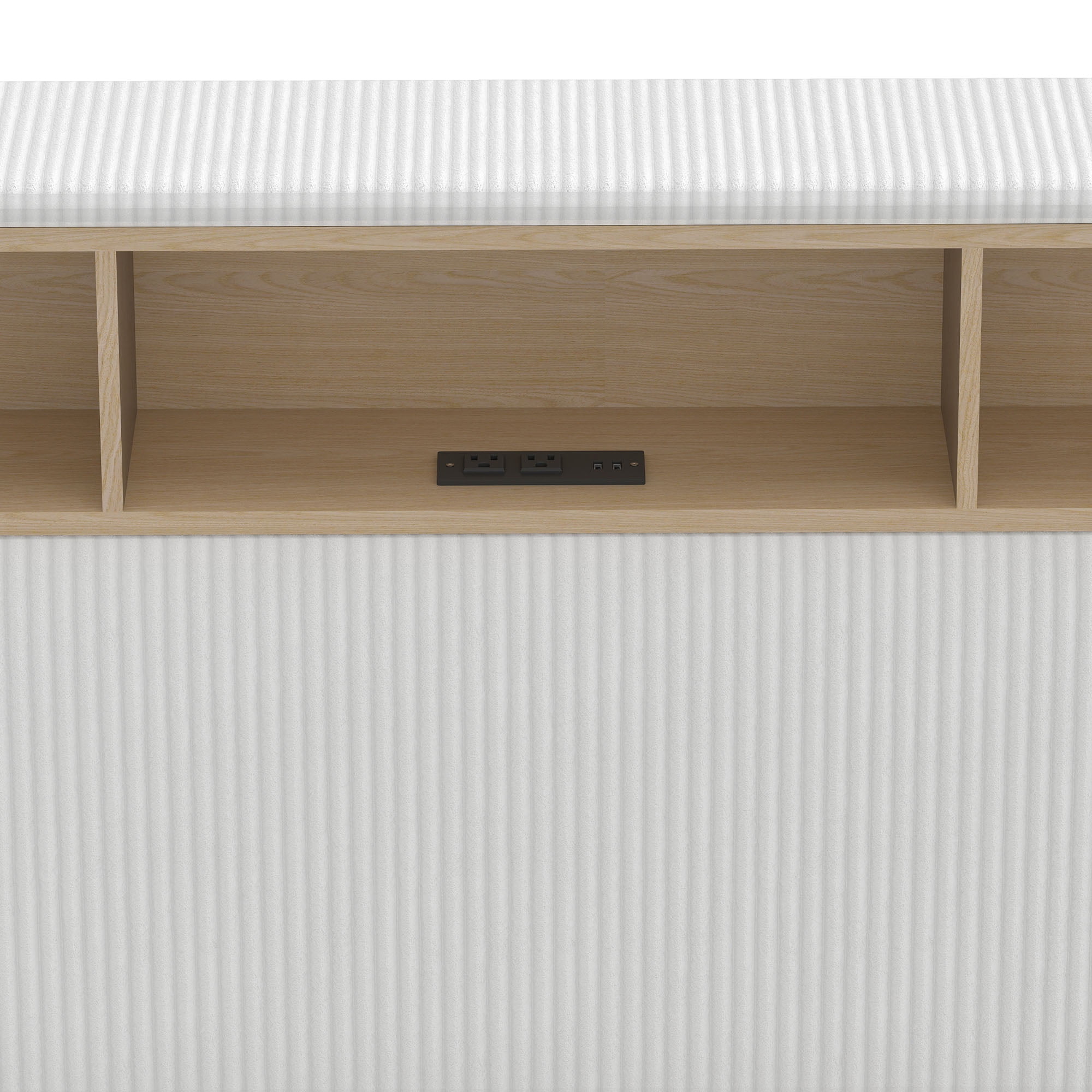 Craftian King Size Upholstered Bed Frame with LED Lights & Charging Station, Platform Bed Frame with Tall Headboard, White