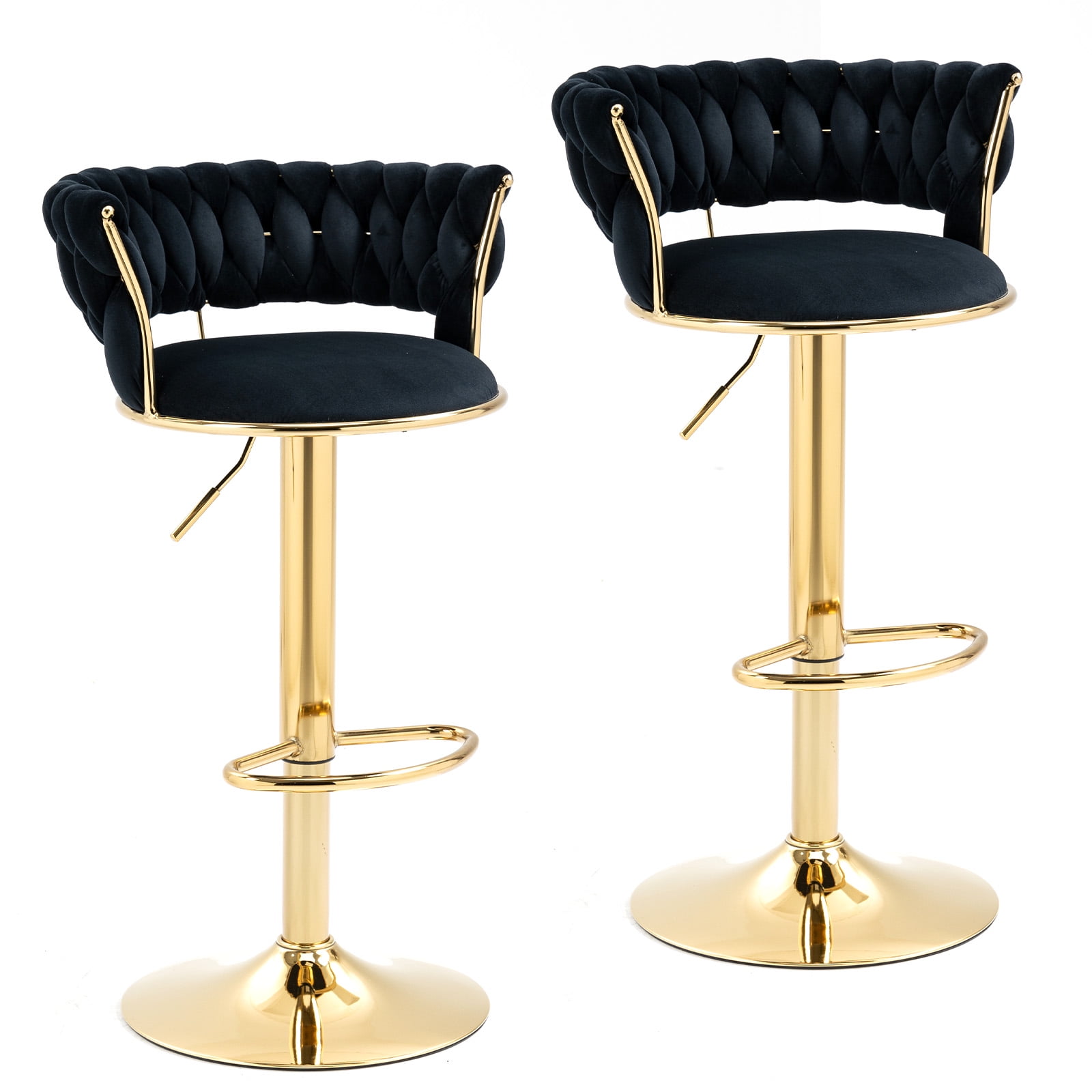MOONMISS Bar Stools Set of 2, Adjustable Swivel Barstools, Velvet Counter Height Bar Chair with Back and Footrest for Kitchen Island Dining Room Café Pub,Black