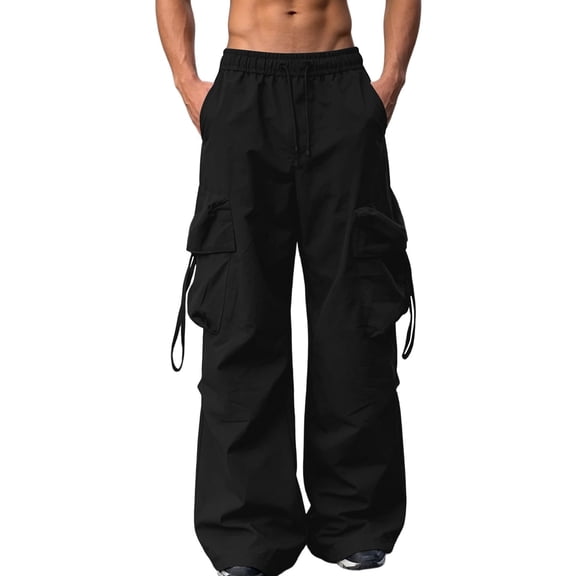YLSDY Men's Multi-Pocket Oversized Cargo Pants, Elastic Waist Drawstring, Wide Leg Streetwear Outdoor Trousers Black XXL