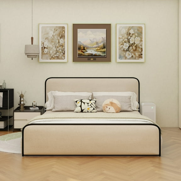 Modern Metal Bed Frame with Curved Upholstered Headboard and Footboard Bed with 4 Storage Drawers, Heavy Duty Metal Slats, King Size, Beige