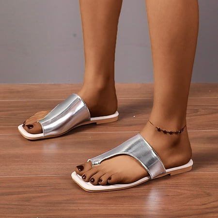 

PEASKJP Womens Slippers Summer Women Home Footwear Indoor Outdoor Slippers Slippers Arch Support Slip on Flat Sandals Silver 8