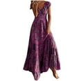 thumbnail image 1 of Summer Dress Saving! Dresses for Women Chiffon Summer Casual Print V-Neck Short Sleeve Long Dress Purple M, 1 of 5