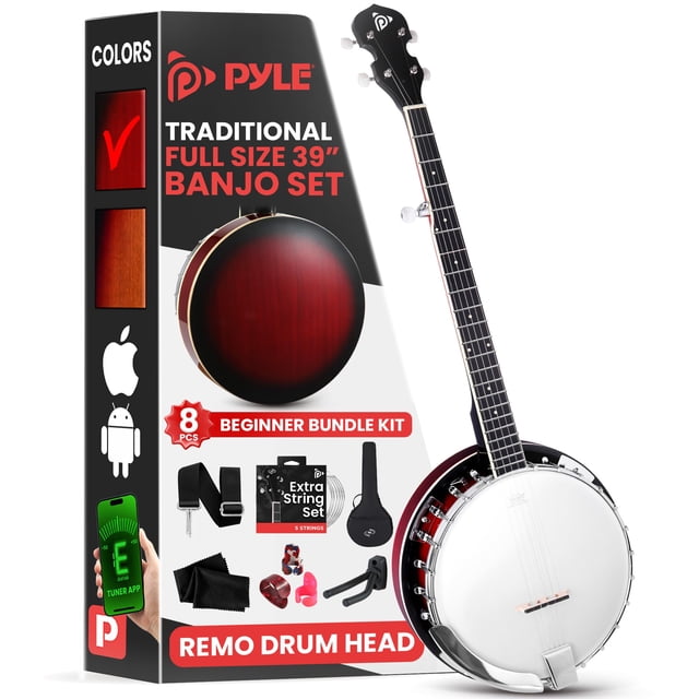 Banjo Pyle de 5 cuerdas, 39 pulgadas, con cabezal Remo, resonador Sapele, rojo