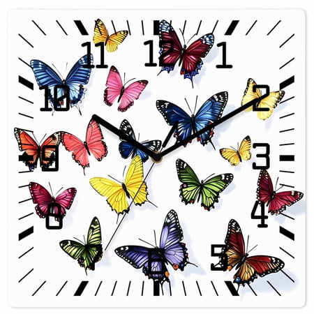 Butterfly Print Wooden Wall Clock Silent Non Ticking, Modern Colorful Animals Square Wall Clocks Battery Operated, Decor Clock for Home Office, Living Room, Kitchen, 10 Inch