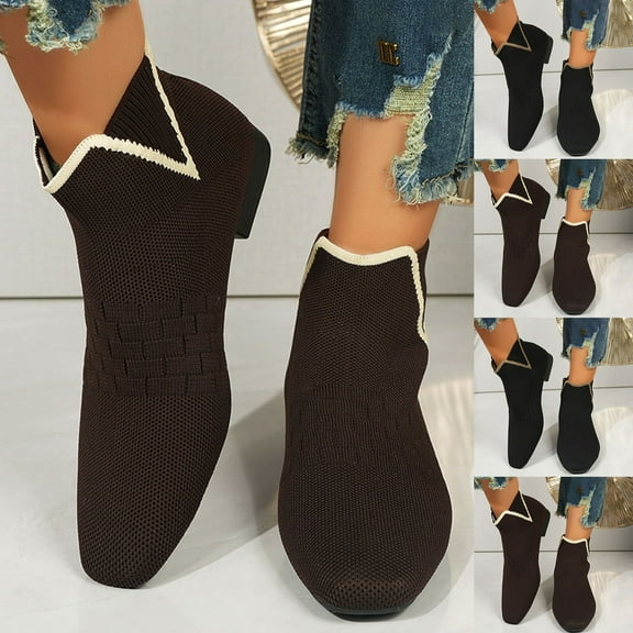 Bmawag Women Boots Square Toe Low Heel Lightweight Breathable Mid Calf Ankle Sock Boots Women Casual Comfort Fashion Booties Short Boots Coffee 38