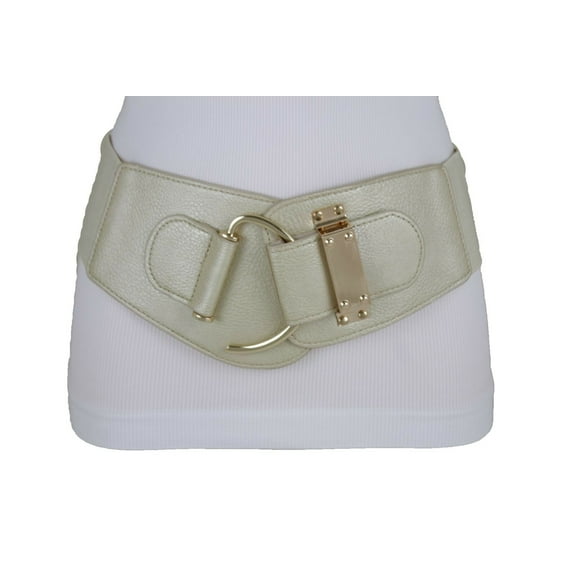 New Women Light Gold Champagne Elastic Band Wide Belt Metal Hook Buckle Size L XL