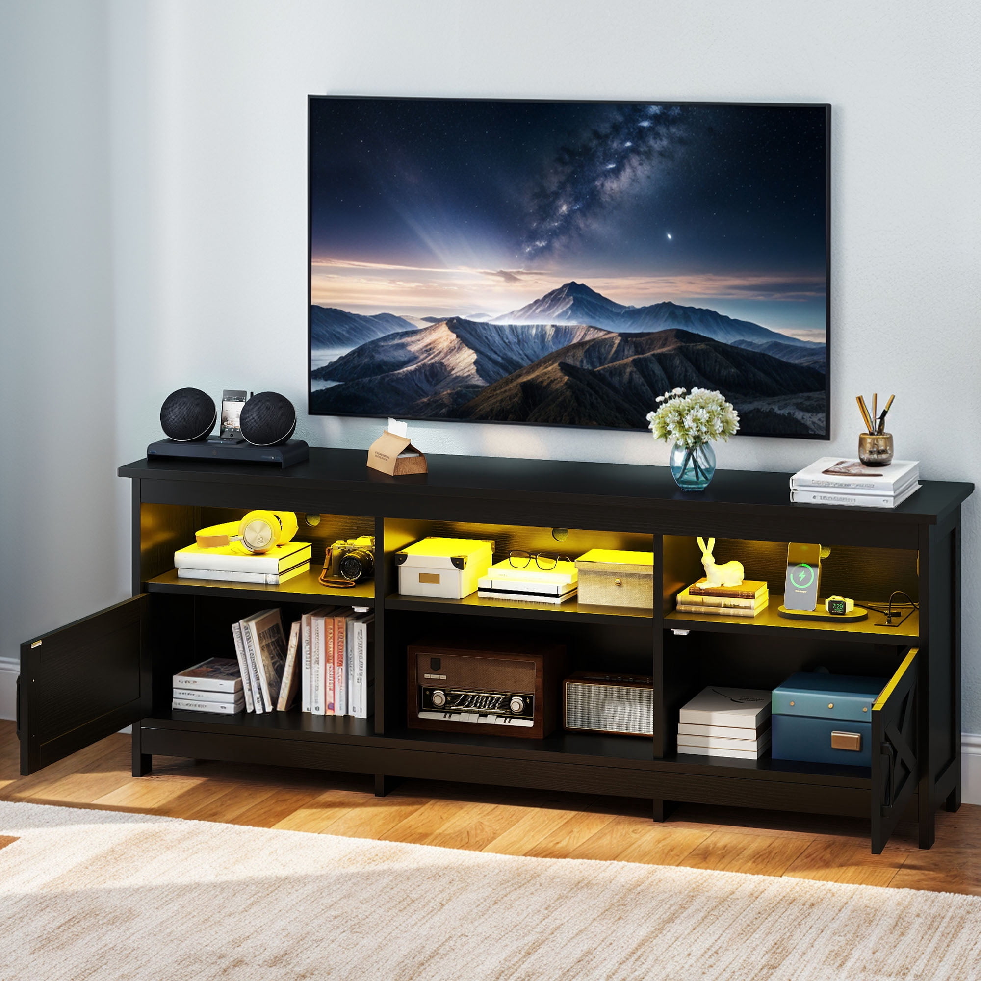 Uforic TV Cabinet with Storage, LED Lights, and Power Outlet for Living Room, Bedroom, or Apartment for 65 Inch TVs, Black