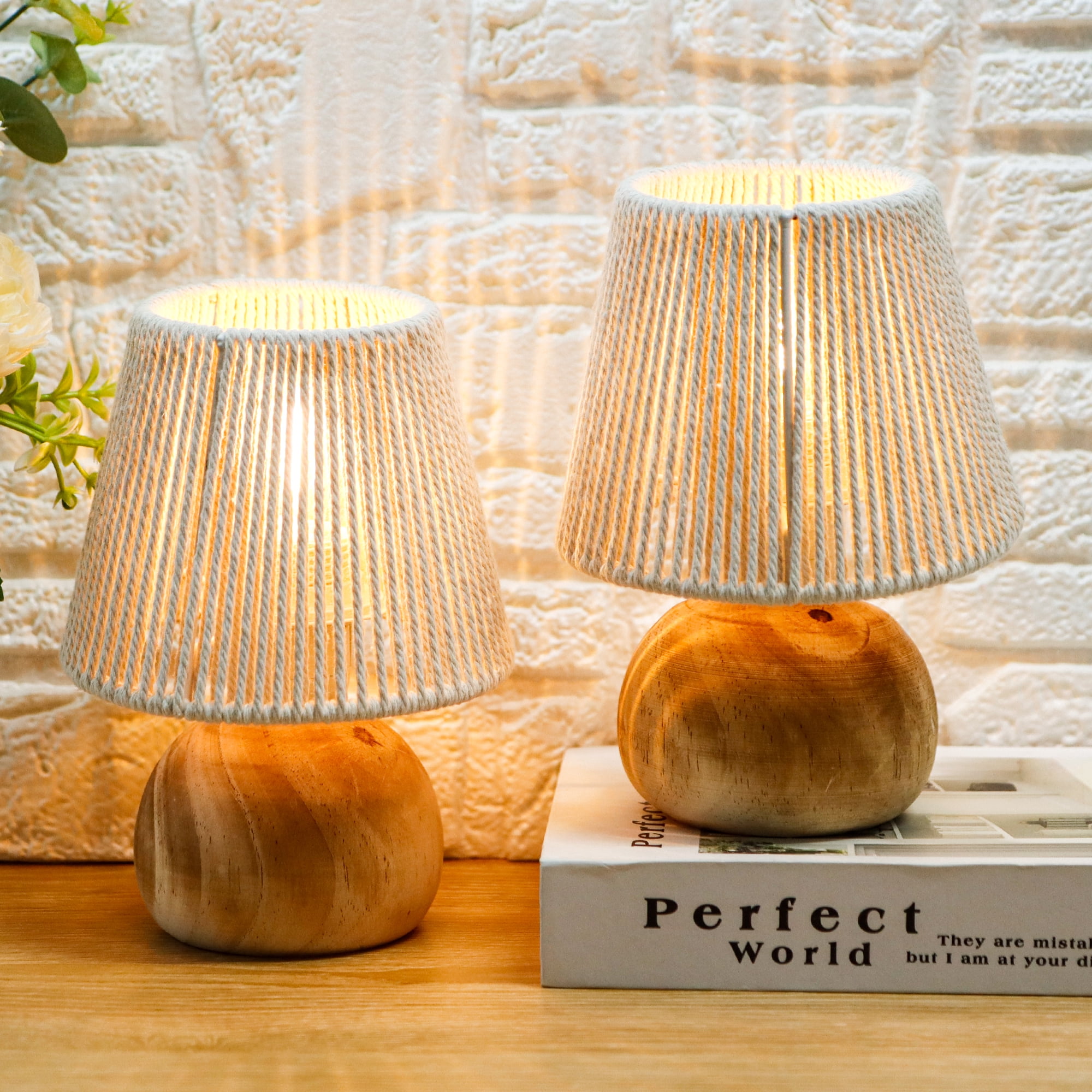 Set of 2 Woven Cotton Rope Table Lamp - 8'' Tall Cordless Battery Powered Lamps with Wooden Base