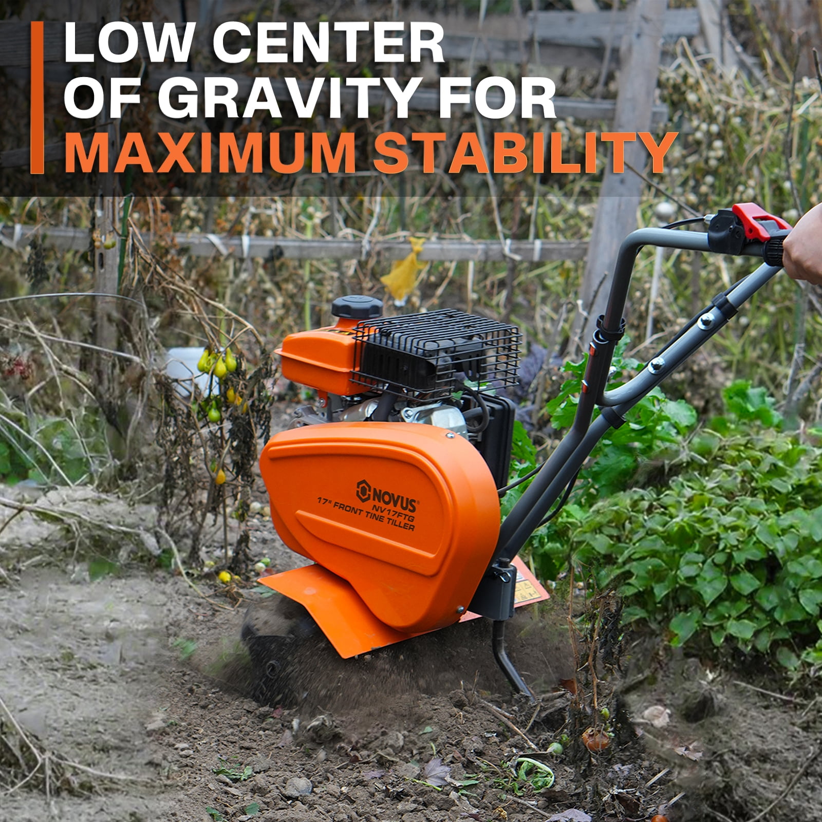 NOVUS 2 in 1 Gas Tiller Cultivator with 79cc 4-Cycle Engine, 9"-17" Tool-Free Tilling Width Adjustment, 24 Steel Tines, Never-Flat Wheels,Front Tine Gardon Tiller for Lawn, Field Soil Cultivation