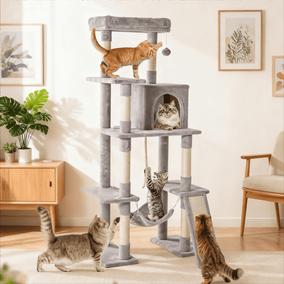 SHOUFTW 79-inch large indoor cat tree tower, multi-level cat climbing tower with condo, sisal scratching posts, hammock, durable multi-cat pet house, stable design