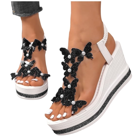 Rokment Glitter Butterfly Pearl Platform Wedge Dressy Sandals for Women Bride Wedding Elegant Clear Band Open Toe Chunky High Heels Slingback Dress Summer Shoes Black Size 5.5
