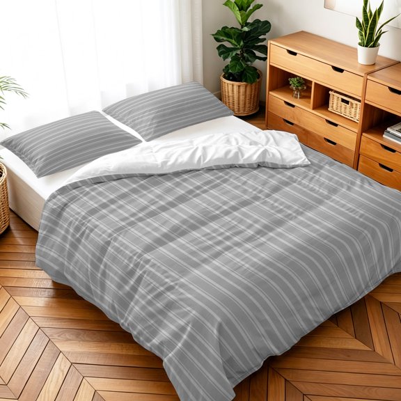 Queen Size 3 Pieces Duvet Cover Sets Light Gray White Stripe Bedding Set,Microfiber Soft Comforter Cover with Pillow Shams,Luxury Quilt Covers for Bedroom Decor Modern Minimalist Striped