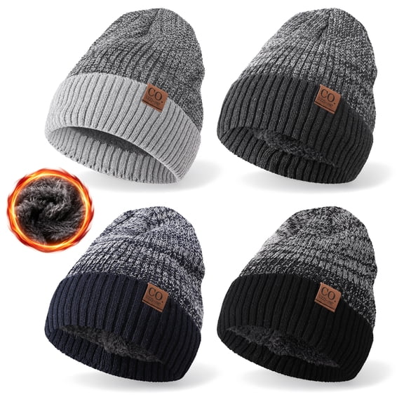 Bocaoying 4 Pack Beanie Hats for Men Women Knit Winter Hat, Warm Stocking Cap, Fleece Lined Beanie Cuffed Thermal Skull Cap for Ski