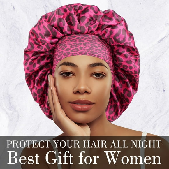 Bonnet de Nuit en Satin Luxueux pour Femmes Imprimé Léopard pour Soin des Cheveux et Style à la Mode HotPinkLeopard 1 Pce