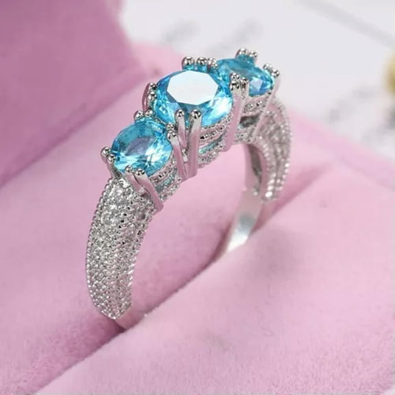 7*7mm Aquamarine Blue 3-stones Band Women's 925 Silver Engagement Ring Size 6-10