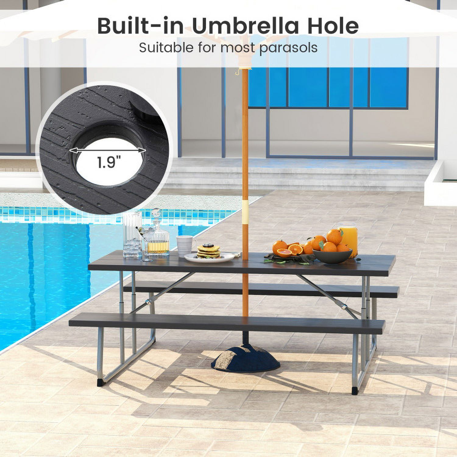 Aimee Lii Folding Picnic Table Set with Metal Frame and All-Weather HDPE Tabletop Umbrella Hole, Outdoor Patio Furniture, Black