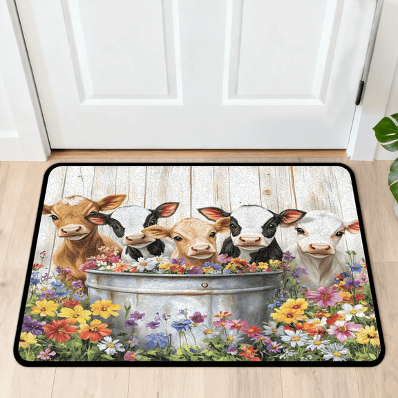 CURLYOOT Farmhouse Cow Spring Flowers Indoor Doormat, Non-Slip Absorbent Door Mat 24" x 16", Entrance Floor Mat Washable Entry Doormats for Entryway Front Back Door