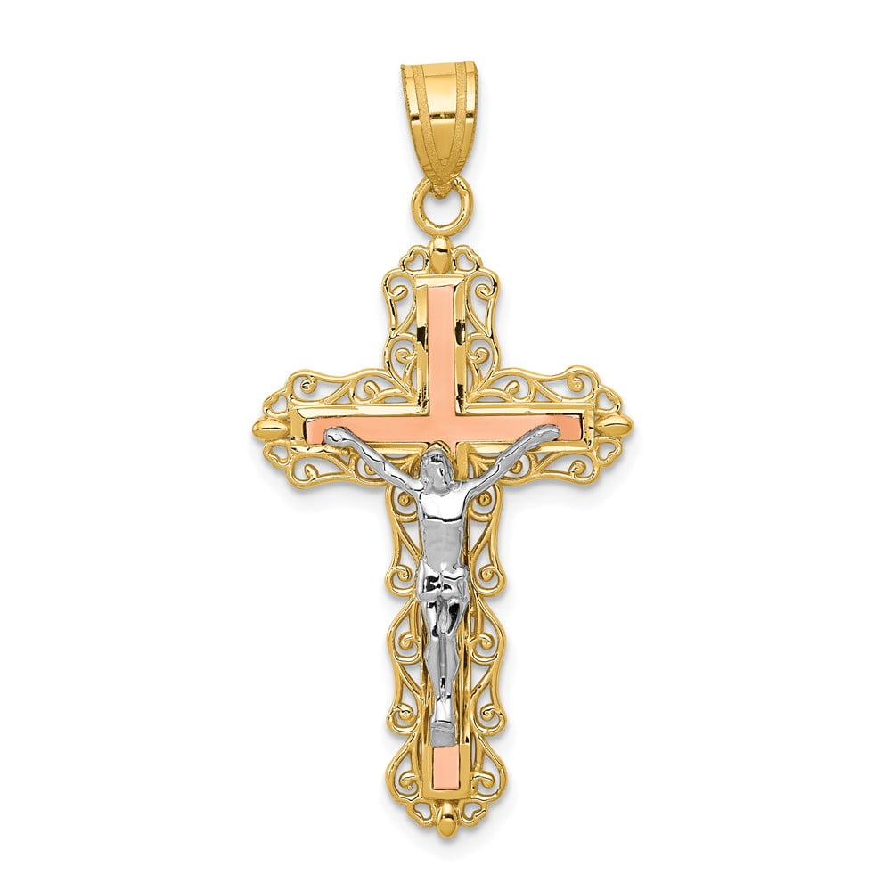 Diamond2Deal - 14k Yellow Gold Tri-color Diamond-cut Crucifix Pendant ...