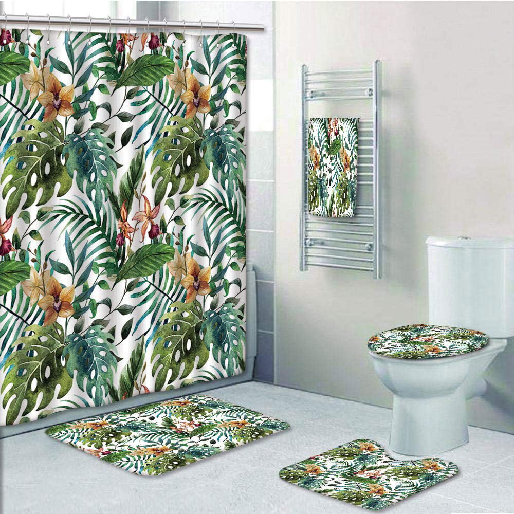 Palm Tree Flower Art Shower Curtain Bath Mat Toilet Cover Rug Bathroom Decor 