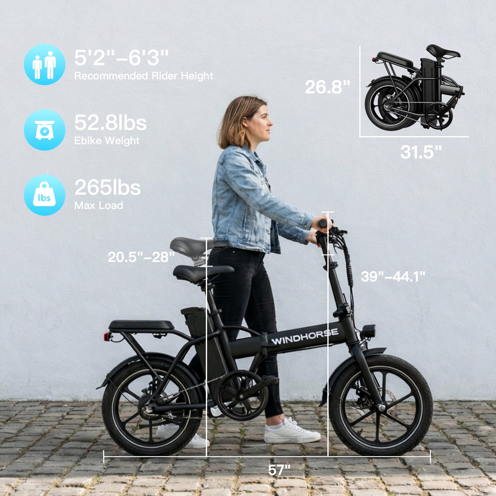 WINDHORSE 16" Folding Electric Bike for Adults, 20mph, 19-35mile Range, 630W Peak,  Removable Battery, Seat Suspension, LCD Display, Commuter Ebike