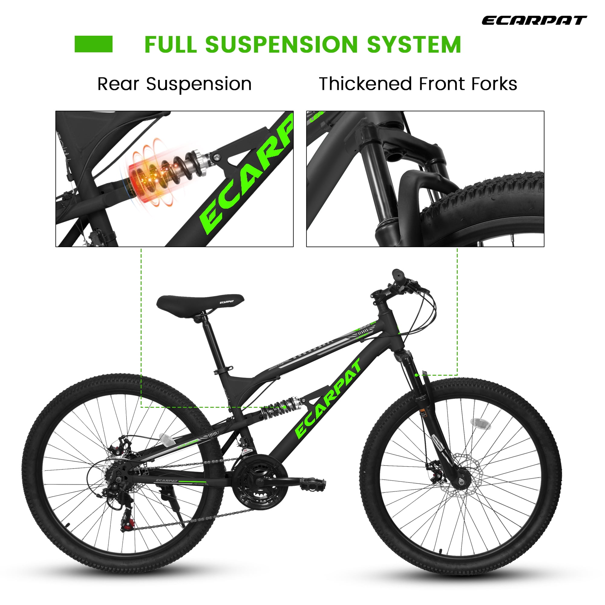 26 Inch Mountain Bike Full Suspension, 21 Speed Mountain Bicycle with Double Disc Brakes, Carbon Steel Frame Commuter City Bike for Adult Men Women, Black-Green