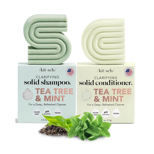 Set de champú y acondicionador Kitsch Tea Tree & Mint, seguro para teñir el cabello, cero residuos, vegano, ecológico, fabricado en EE. UU., para todo tipo de cabello, sin parabenos, sin sulfatos