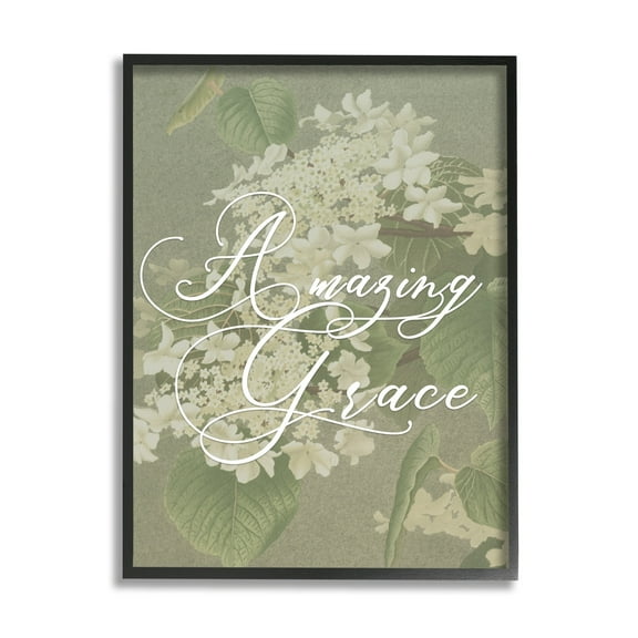 Stupell Industries Amazing Grace Phrase Vintage White Flower Blossoms Graphic Art Black Framed Art Print Wall Art, 11x14, by Daphne Polselli
