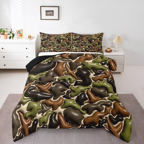 Erosebridal Black Brown Green Bedding Sets Twin with Comforter, 3D Camouflage Camo Duvet Insert, Reversible 2 Pieces