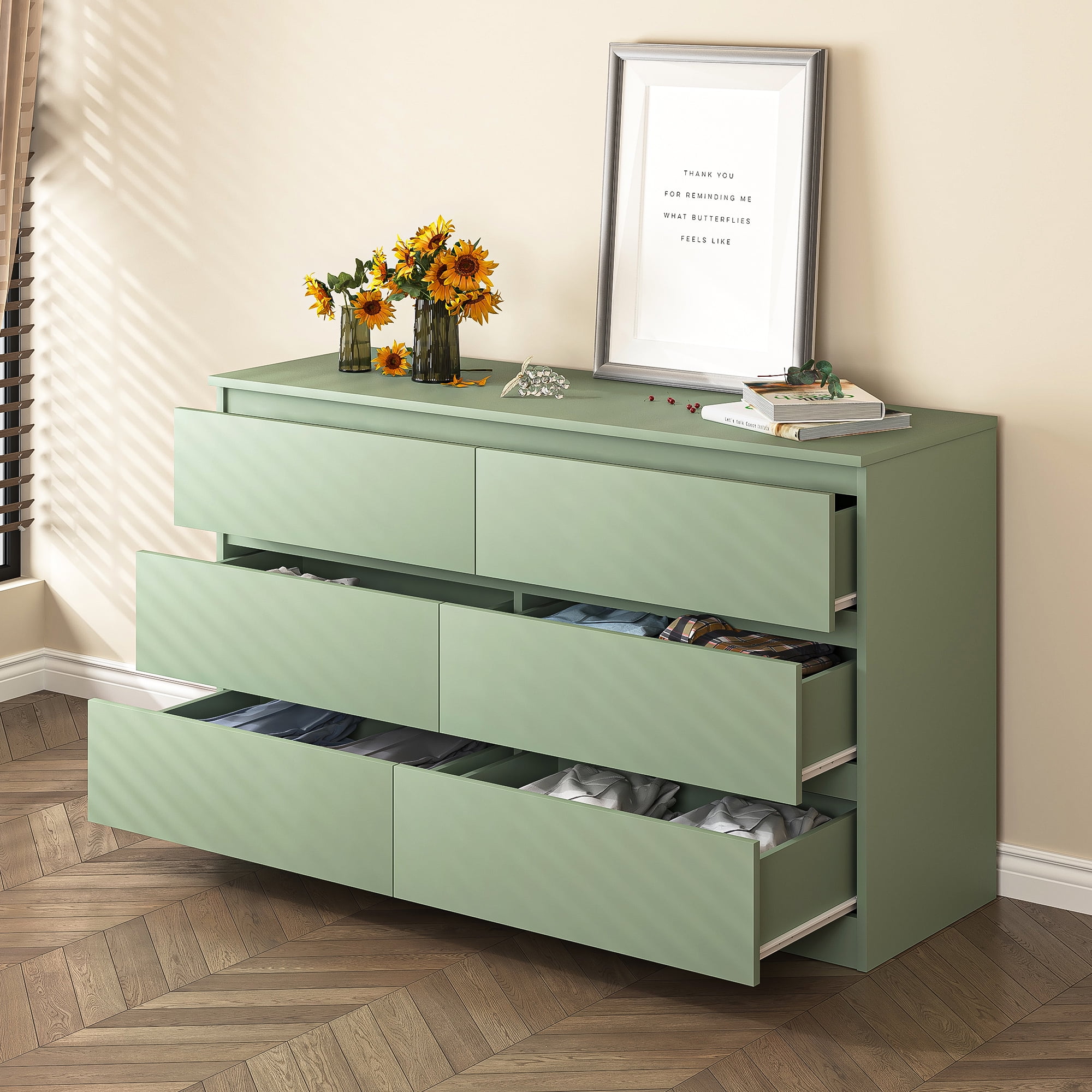 Kadyn Green Chest of Drawer, 6 Double Drawer Dresser for Bedroom, Modern Storage Cabinet for Living Room, Nursery Dresser Kadyn Green Chest of Drawer, 6 Double Drawer Dresser for Bedroom, Modern Storage Cabinet for Living Room, Nursery Dresser