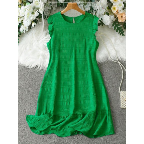 Green Solid Smocked Flutter Sleeve A-Line Dress For Women