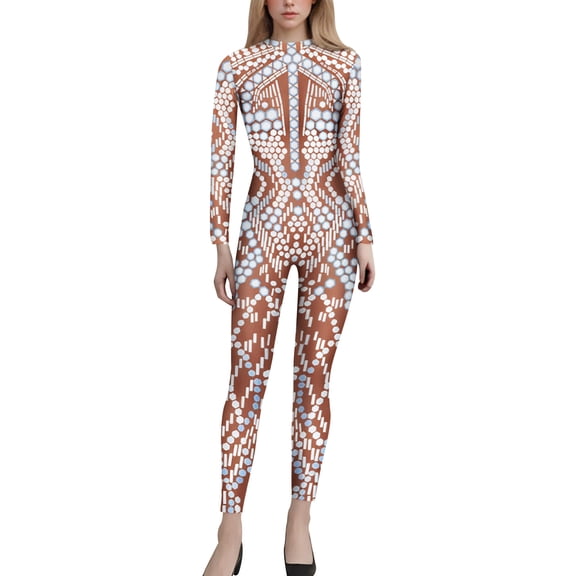FYEGRE Women's Carnival Jumpsuit Women's Futuristic Skeleton Robot 3D Print Full Bodysuit Halloween with Back Zipper Design Khaki S