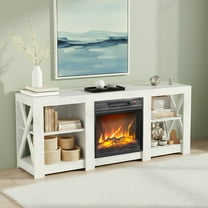 Sesslife Fireplace TV Stand for 65 Inch TVs, Modern TV Console Table with 18" Electric Fireplace, Wood Entertainment Center with Open Storage Space and Adjustable Shelves for Living Room, White